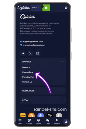 Access promo code section on Rainbet