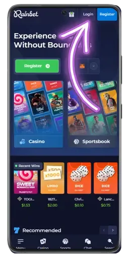 Rainbet app login and registration screen on Android device